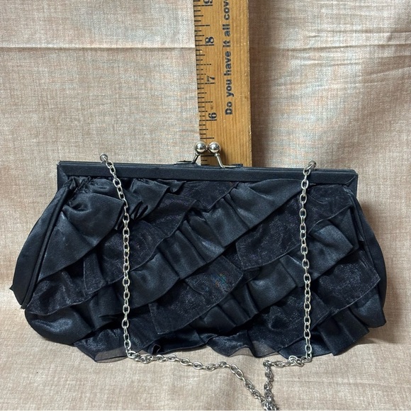 White House Black Market Black Ruffle Evening Clutch Purse Shoulder Bag Satin - Picture 6 of 6